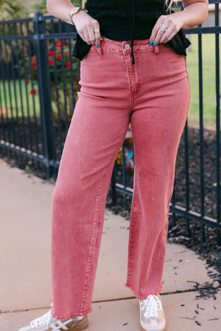 Brick Red Frayed Straight Leg Jeans