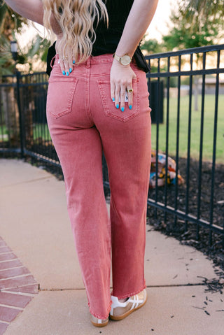 Brick Red Frayed Straight Leg Jeans
