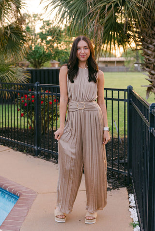 Taupe Buckle Waist Satin Jumpsuit