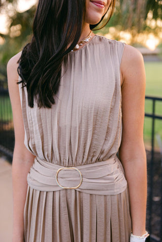Taupe Buckle Waist Satin Jumpsuit