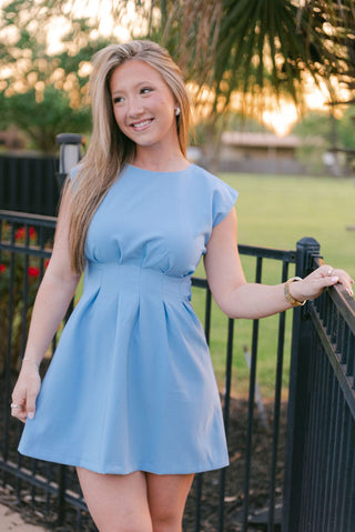 Light Blue Pleated Cap Sleeve Dress