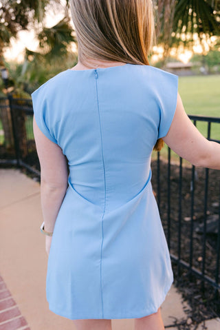 Light Blue Pleated Cap Sleeve Dress