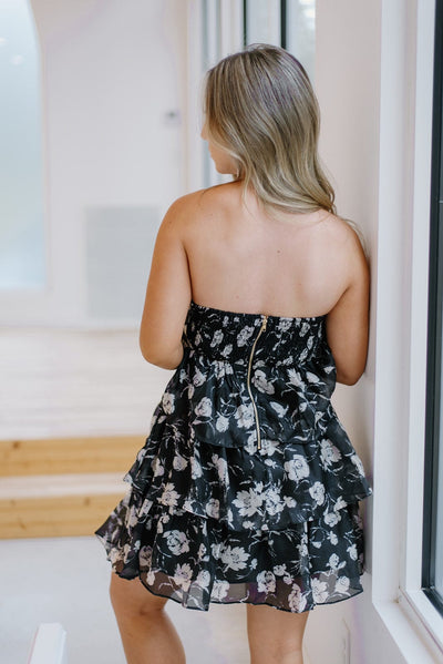 Black Floral Corset Strapless Dress