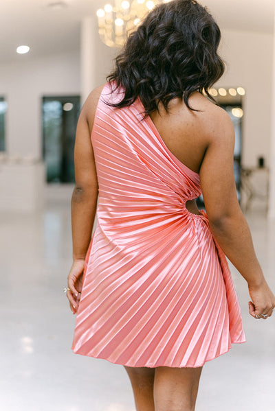 Coral Pleated Satin One Shoulder Dress