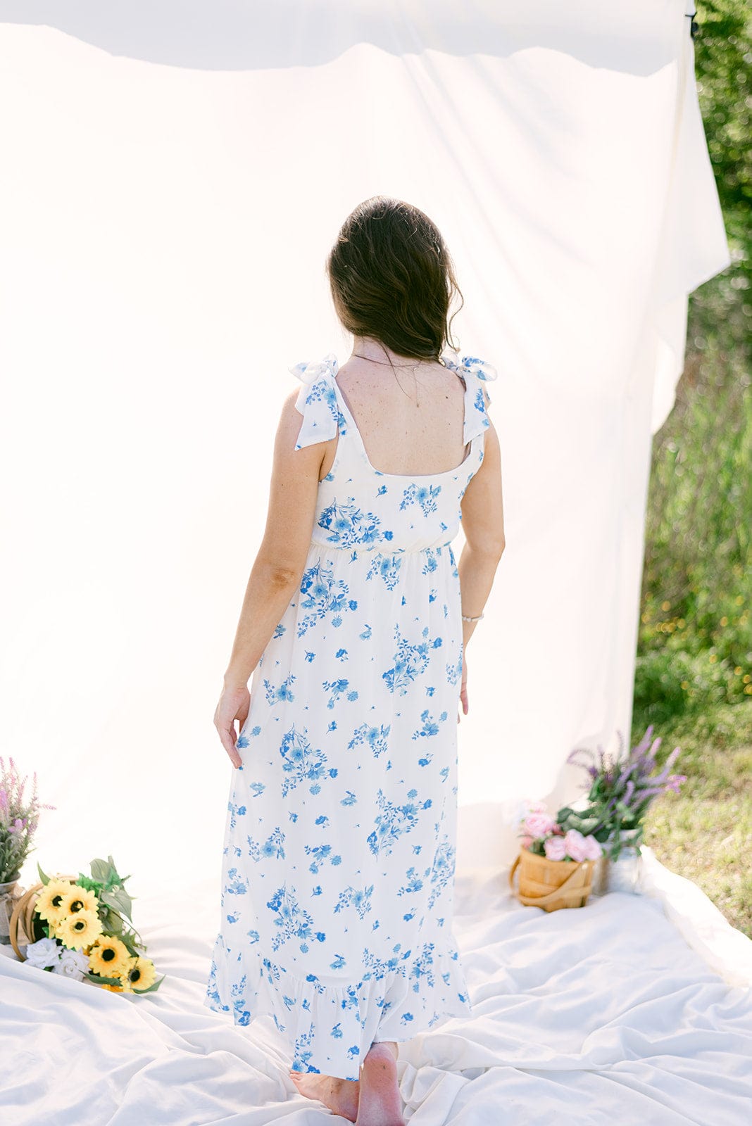 Blue & White Floral Shoulder Tie Midi Dress