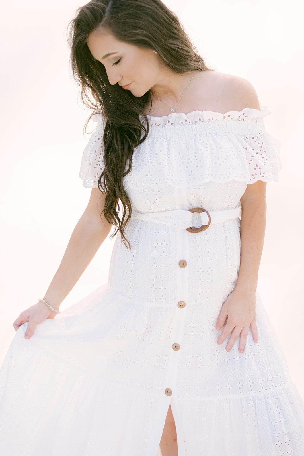 White Eyelet Lace Belted Maxi Dress