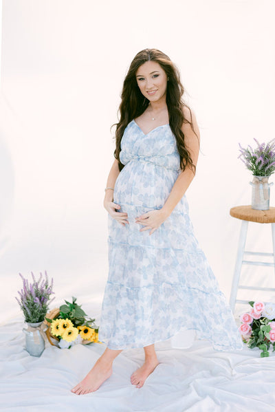 White & Blue Floral Tiered Maxi Dress