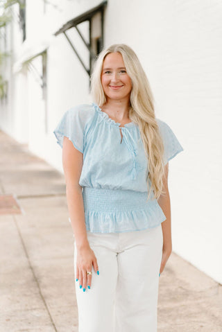 Blue Eyelet Lace Smocked Blouse