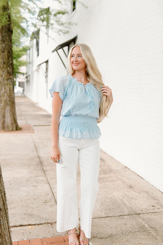 Blue Eyelet Lace Smocked Blouse