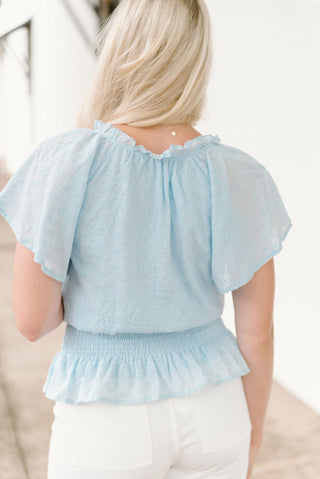 Blue Eyelet Lace Smocked Blouse
