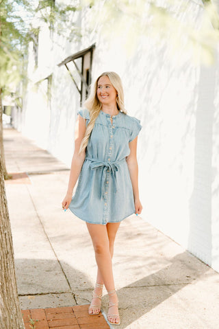 Chambray Ruffle Sleeve Button Down Dress