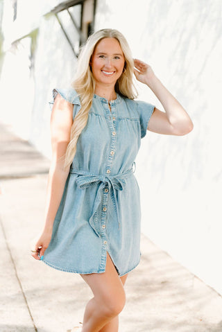 Chambray Ruffle Sleeve Button Down Dress