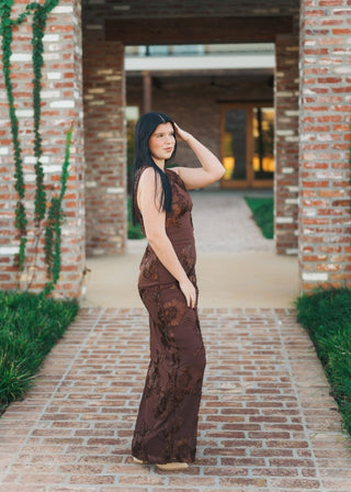 Brown Applique Mesh Maxi Dress | Select Trends Boutique