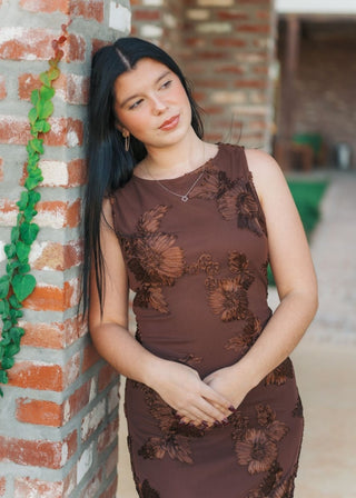 Brown Applique Mesh Maxi Dress | Select Trends Boutique