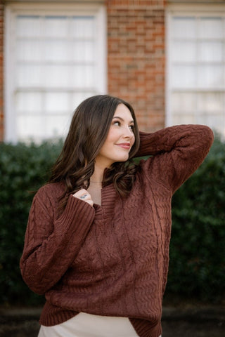 Brown Cable Knit V - Neck Sweater | Select Trends Boutique