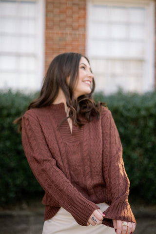 Brown Cable Knit V - Neck Sweater | Select Trends Boutique