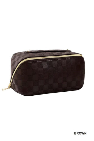 Brown Checkered Vegan Leather Makeup Bag | Select Trends Boutique