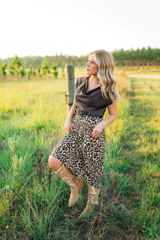 Brown Cowl Neck Satin Top | Select Trends Boutique
