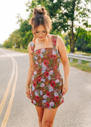 Brown Floral Jacquard Mini Dress | Select Trends Boutique