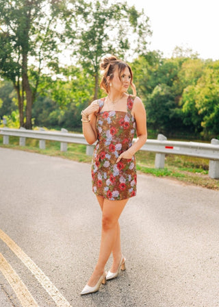 Brown Floral Jacquard Mini Dress | Select Trends Boutique