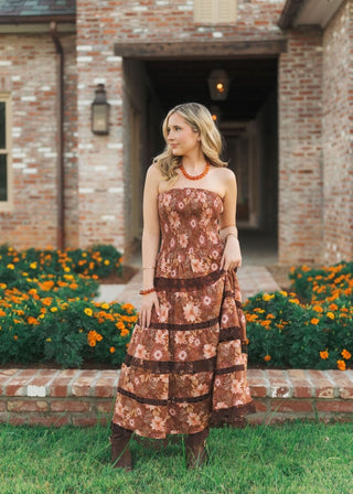 Brown Floral Lace Tiered Midi Dress | Select Trends Boutique