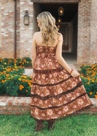 Brown Floral Lace Tiered Midi Dress | Select Trends Boutique
