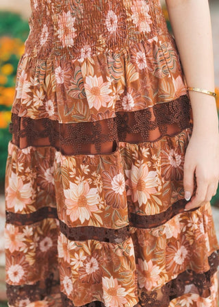 Brown Floral Lace Tiered Midi Dress | Select Trends Boutique