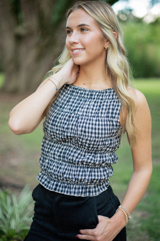 Brown Gingham Smocked Top