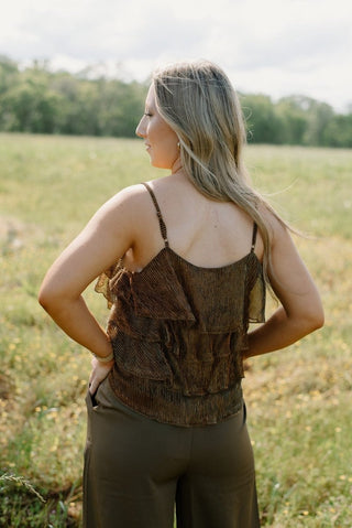 Brown Glitz Ruffle Sleeveless Top | Select Trends Boutique