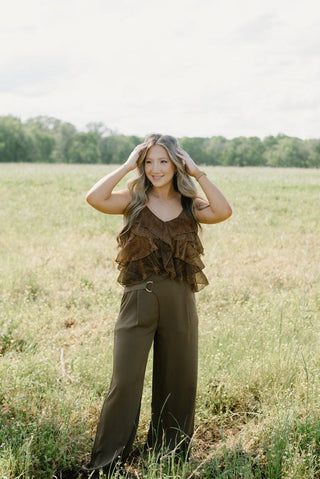 Brown Glitz Ruffle Sleeveless Top | Select Trends Boutique