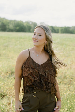 Brown Glitz Ruffle Sleeveless Top | Select Trends Boutique