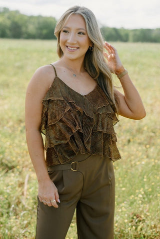 Brown Glitz Ruffle Sleeveless Top | Select Trends Boutique