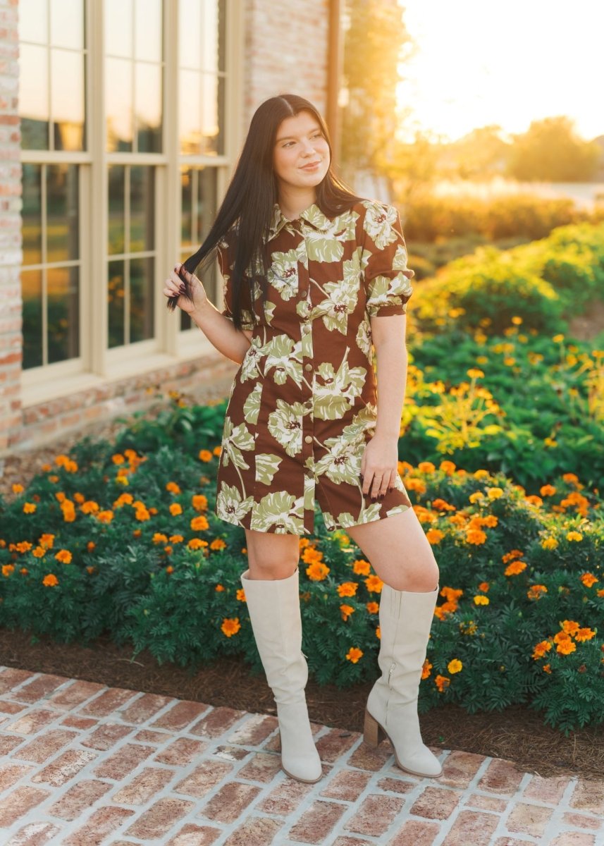 Brown & Green Floral Button Up Mini Dress