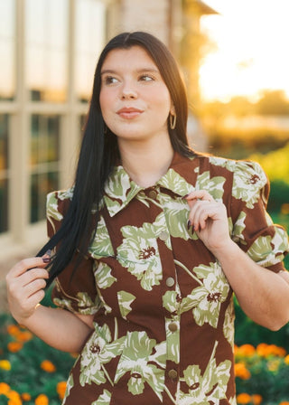 Brown & Green Floral Button Up Mini Dress | Select Trends Boutique