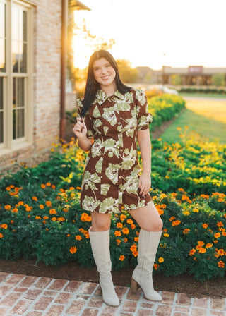 Brown & Green Floral Button Up Mini Dress | Select Trends Boutique