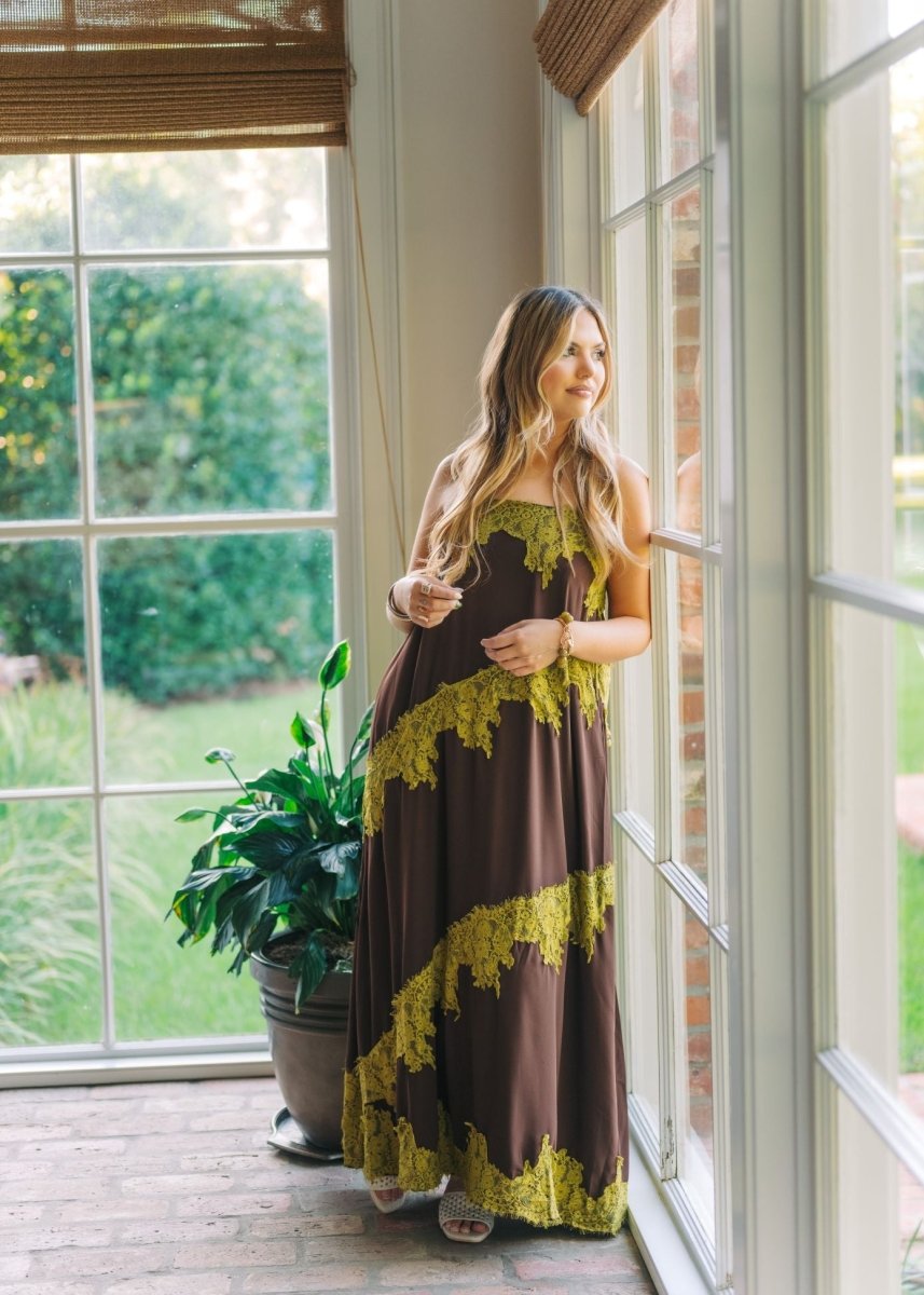 Brown & Green Lace Maxi Dress
