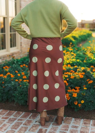 Brown & Green Polka Dot Midi Skirt | Select Trends Boutique