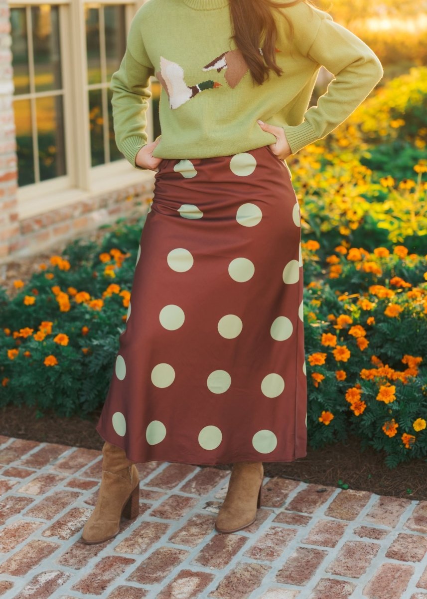 Brown & Green Polka Dot Midi Skirt