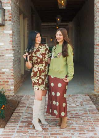 Brown & Green Polka Dot Midi Skirt | Select Trends Boutique