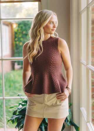 Brown Knit Sleeveless Peplum Top | Select Trends Boutique