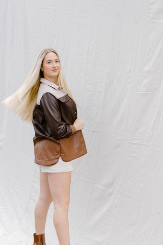 Brown Leather Color Block Jacket
