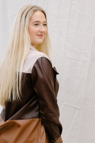Brown Leather Color Block Jacket