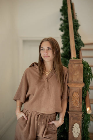 Brown Linen Set Collared Top | Select Trends Boutique