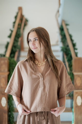 Brown Linen Set Collared Top | Select Trends Boutique