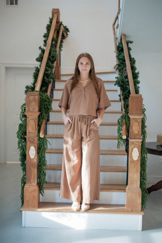 Brown Linen Set Collared Top | Select Trends Boutique