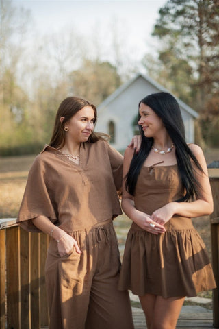 Brown Linen Set Collared Top | Select Trends Boutique