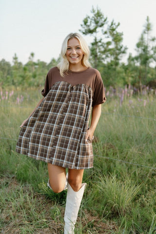 Brown Plaid Contrast Babydoll Dress - Select Trends Boutique
