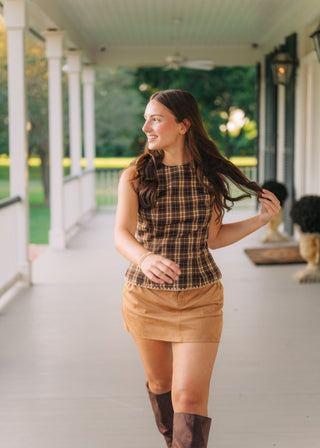 Brown Plaid Embroidered Top | Select Trends Boutique