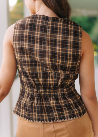 Brown Plaid Embroidered Top | Select Trends Boutique