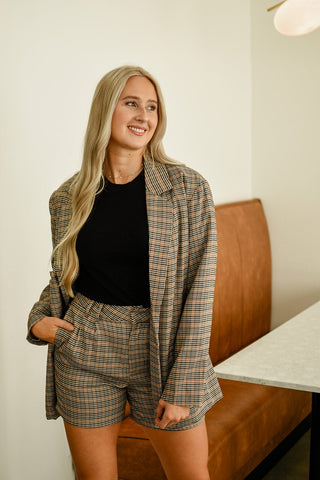 Brown Plaid Set Oversized Blazer